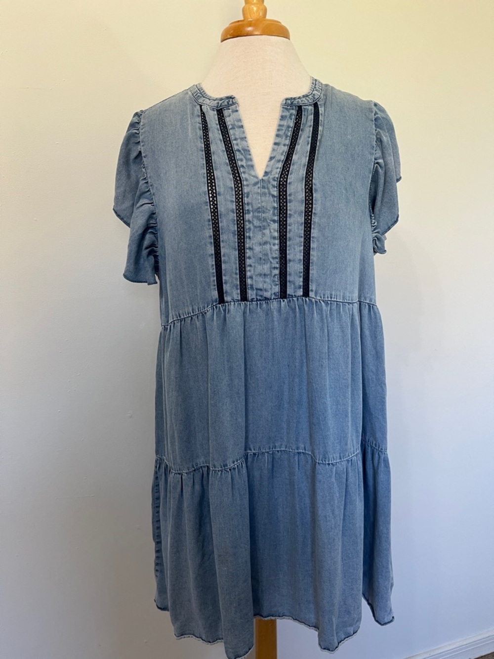 Given Kale Dress Womens Large Midi Tier Sleeveless Denim Chambray Boho Peasant